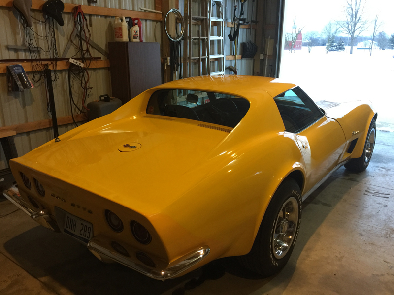 Canary Yellow 1973 Corvette - rear 45 degree view